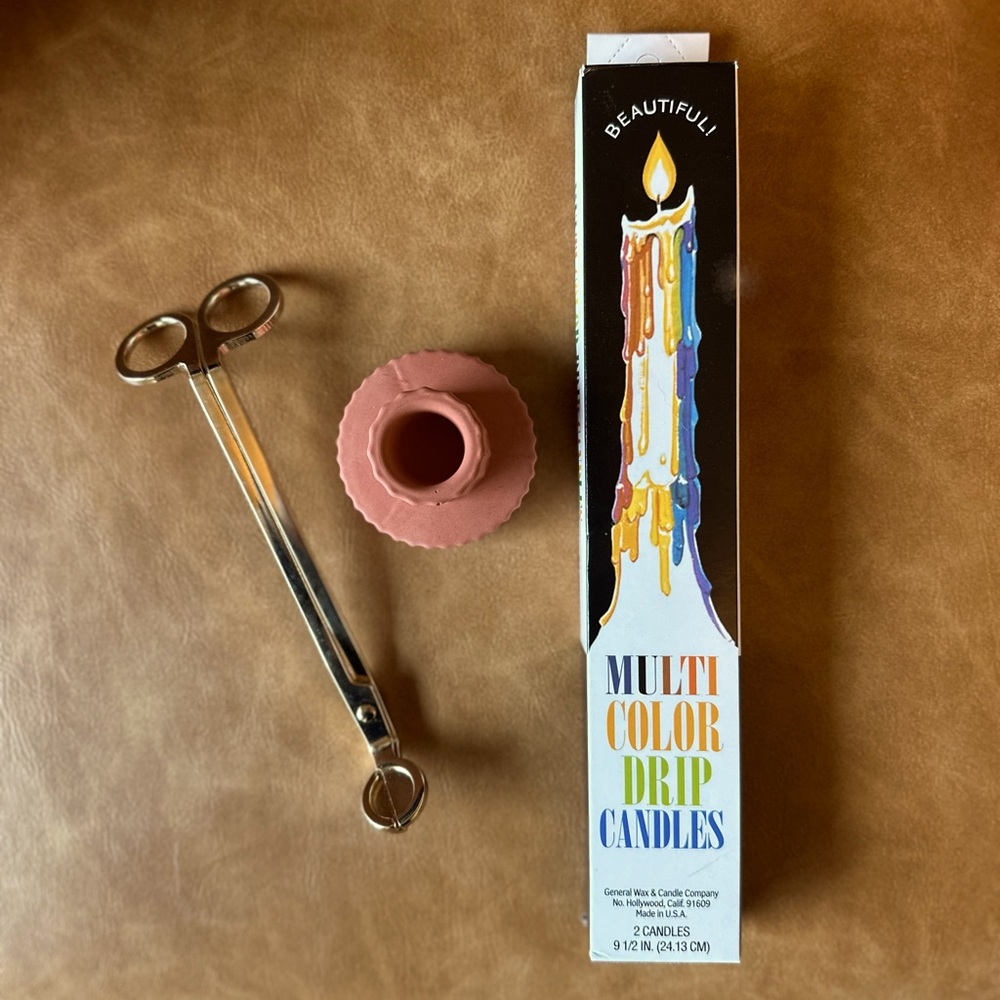 Candle Bundle: Drip Candles, Brass Candle Wick Trimmer, Concrete Candle Holder